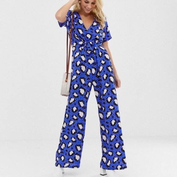 ASOS Electric Blue Pink Animal Print Polka Dot Wide Leg Jumpsuit 6 - Picture 1 of 13